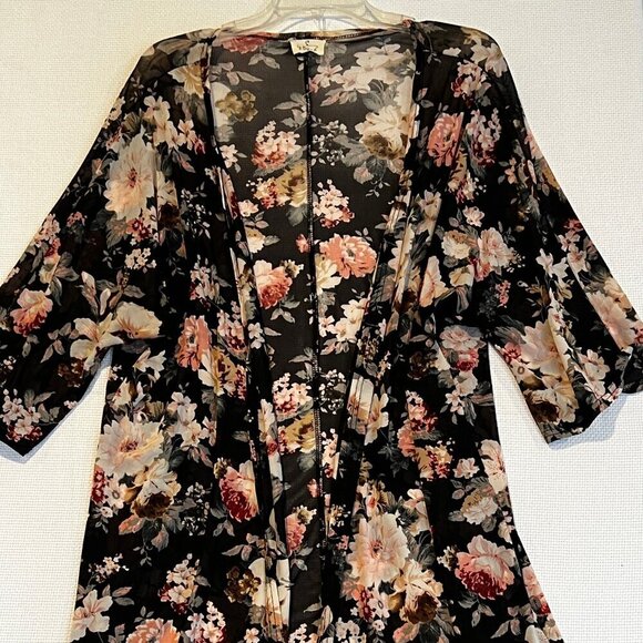 Ember Womens XL Open Front Sheer‎ Kimono Boho Dark Romantic Floral with Fringe - Picture 1 of 11